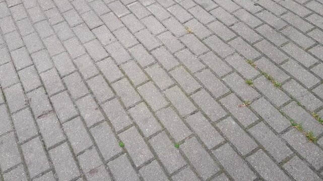 Slow motion footage of the interlock bricks of the pavement. Street