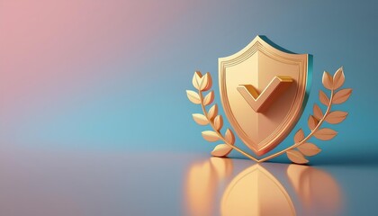 A golden shield with a check mark and laurel leaves, symbolizing protection, verification, and achievement against a pastel background.