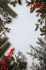 Cadre festif avec branches de sapin et baies rouges sur fond clair - espace pour texte