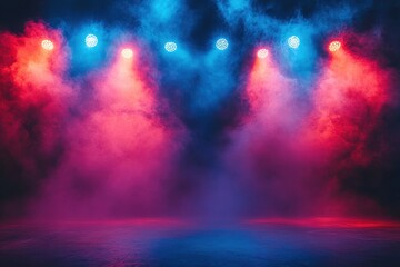 Fototapeta premium Vibrant stage lights illuminating a foggy scene, creating an energetic atmosphere perfect for concerts, performances, or creative projects.