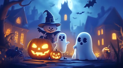 Moonlit Frights: A Cartoon Halloween Vector Illustration Featuring Witches and Pumpkins