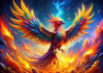 Obraz premium Vibrant Watercolor Phoenix Rising from Flames with Colorful Feathers and Abstract Background Elements