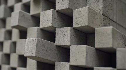 Close-up of textured concrete blocks arranged in an artistic pattern, showcasing modern industrial design and construction materials.