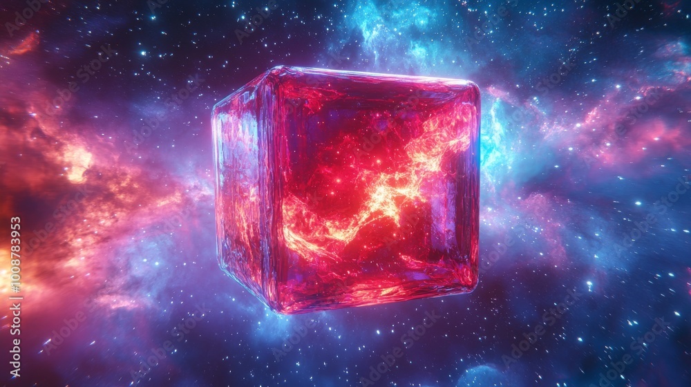Poster the interior of a cubic tunnel is filled with a large red translucent cube floating on top.