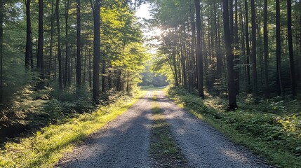 Obraz premium Sunlight filtering through the trees onto a gravel road in a serene pine forest, evoking a peaceful and rustic atmosphere 