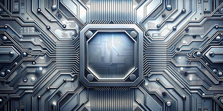 A metallic circuit board with intricate pathways and a central, shimmering, octagonal panel showcasing an inner network of interconnected lines.