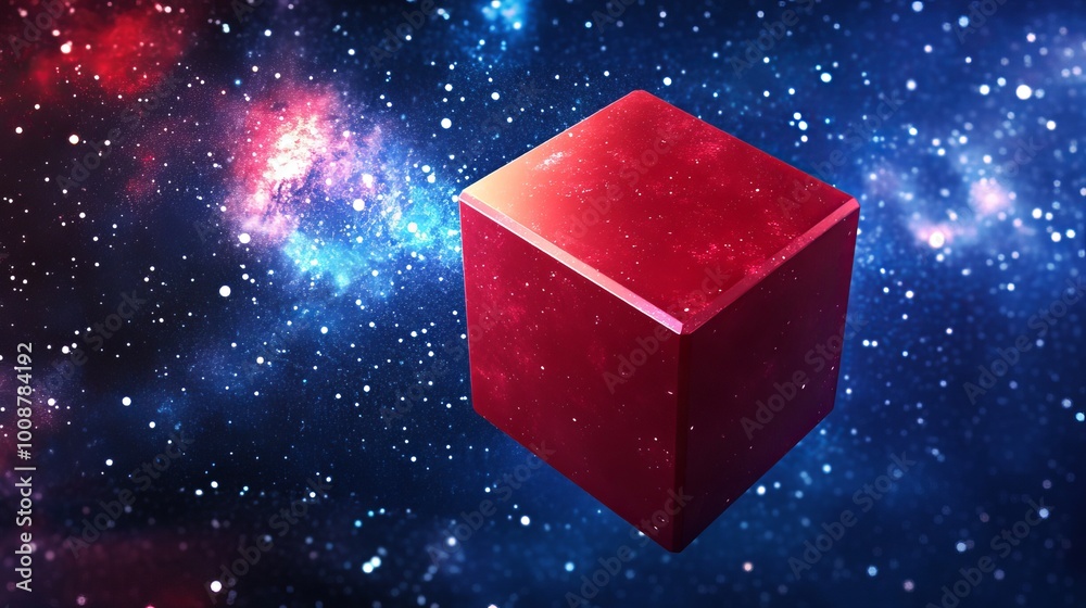 Poster a 3d render of a cubic tunnel with a large red translucent cube floating inside.