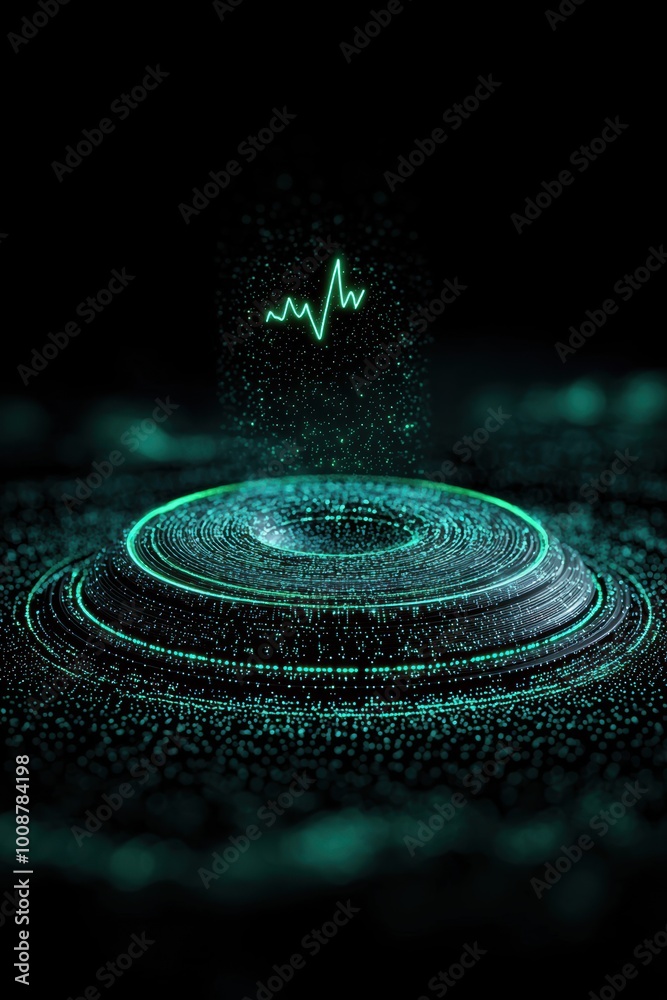Poster a mesmerizing visualization of sound waves represented by green particles, creating a dynamic and im