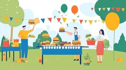 Obraz premium A vibrant outdoor gathering with people enjoying a barbecue feast.