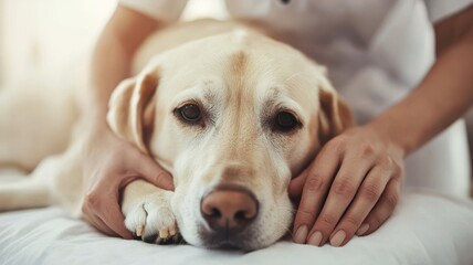 A woman is petting a dog on its head