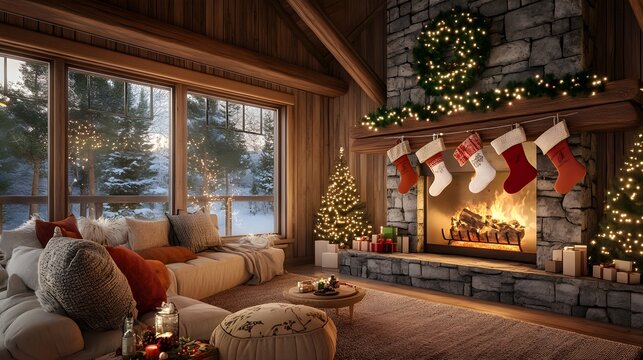 A 3D illustration of a rustic cabin interior adorned with glowing Christmas lights and stockings hanging by the fireplace, creating cozy and warm holiday vibes 