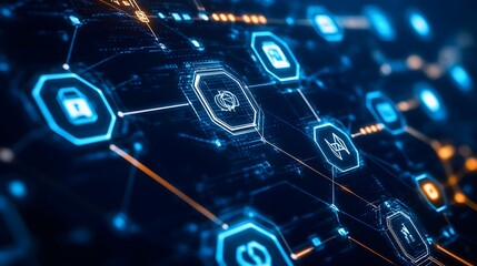 A futuristic digital interface displaying blockchain icons interconnected with lines, symbolizing a new economic framework with a network of data and technology 