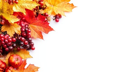 An autumn maple tree branch and fallen leaves on a white background