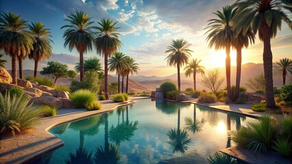 A serene oasis with palm trees and a sparkling pool, surrounded by a desert landscape bathed in the warm glow of the setting sun.