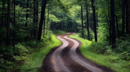Fototapeta premium A narrow dirt road winding through a dense pine forest, leading to a hidden cabin nestled among the trees, with an air of mystery and serenity 