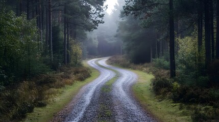A rustic gravel pathway in the heart of a rural pine forest, with the road blending seamlessly into the natural landscape 