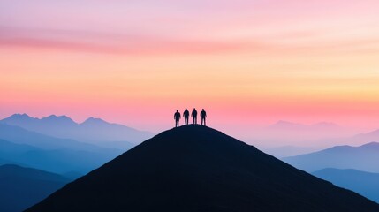 A serene sunset silhouette of hikers standing on a mountain peak, surrounded by breathtaking landscapes and vibrant sky hues. Perfect for adventure themes.