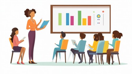 The teacher is holding a clipboard and a book