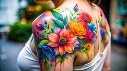 Vibrant Watercolor Tattoo Design with Floral Elements and Abstract Patterns for Creative Inspiration