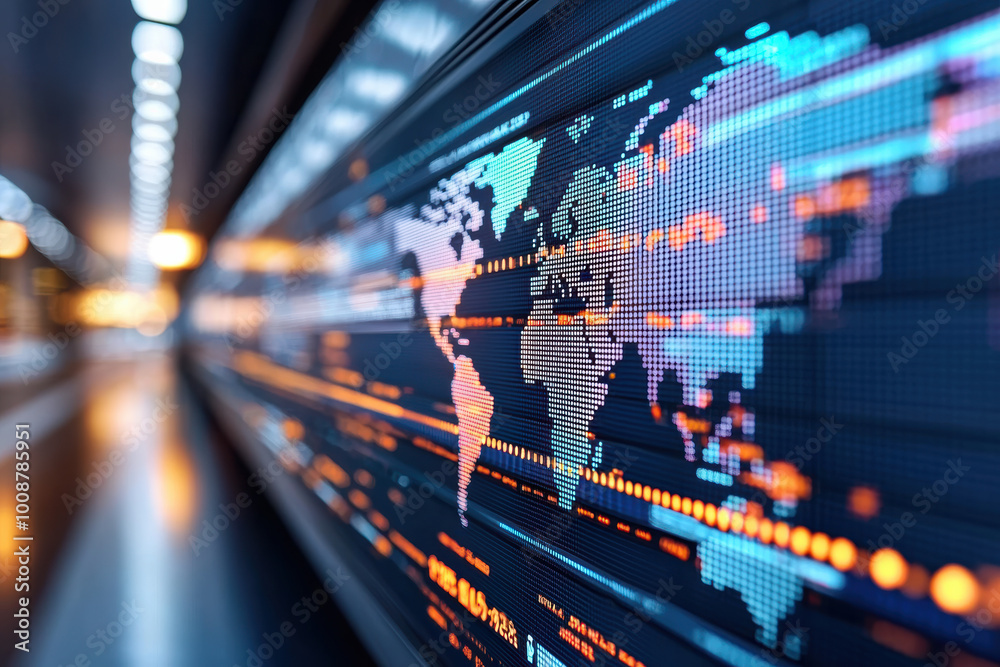 Poster abstract digital world map with data streams and glowing graphics, representing global connectivity 