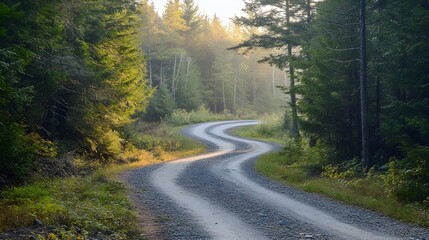 A winding gravel road cutting through a dense pine forest under the soft morning light, surrounded by tall evergreen trees 