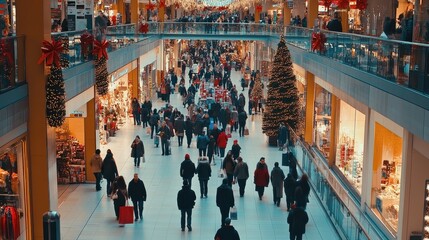 Bustling Holiday Shopping Mall with Crowds and Christmas Decor