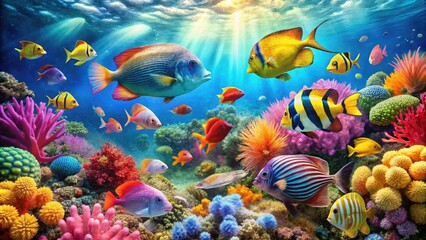 Fototapeta premium Vibrant Watercolor Underwater Scene with Colorful Marine Life and Soft Fluid Brushstrokes Effect