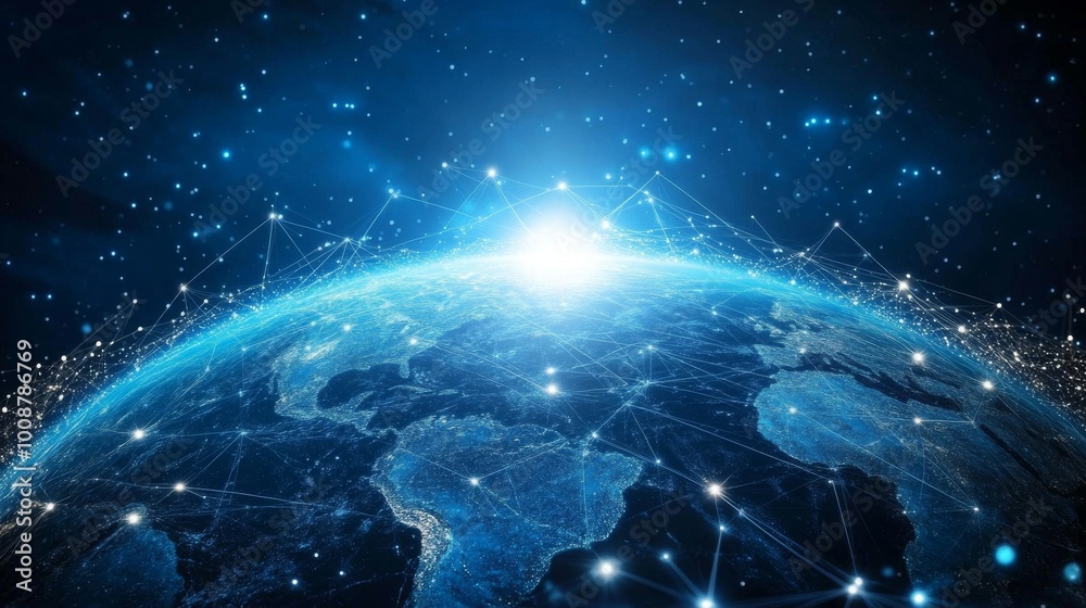 Poster a 3d rendering computer graphic depicting a global online internet network and internet of things co