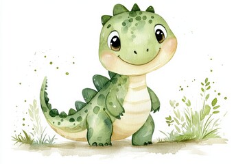 Cute watercolor illustration of a friendly dinosaur character with green scales and a charming smile, surrounded by plants and nature elements.