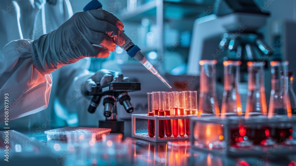 Poster A scientist is working in a lab with a microscope and a pipette