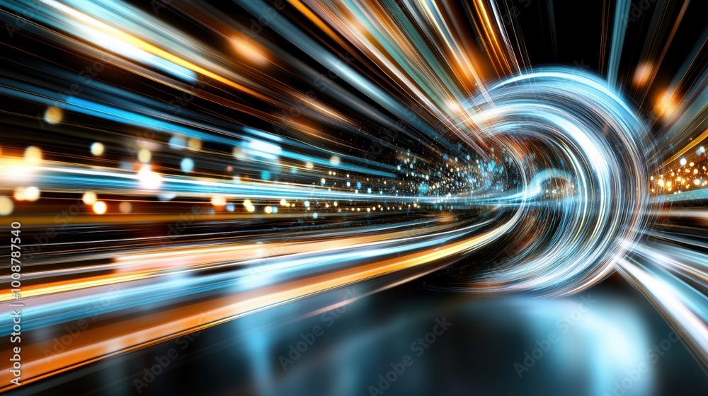 Poster an abstract representation of speed and motion with vibrant light trails creating a dynamic and ener
