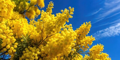 Vibrant Yellow Wattle Blooms in Full Bloom Against a Clear Blue Sky in a Natural Landscape Setting