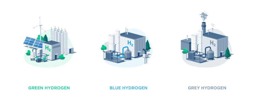 Green, blue, grey hydrogen power plant types. Clean solar wind and dirty gas production process technology with low and high carbon emissions. Flat isolated vector illustrations on white.