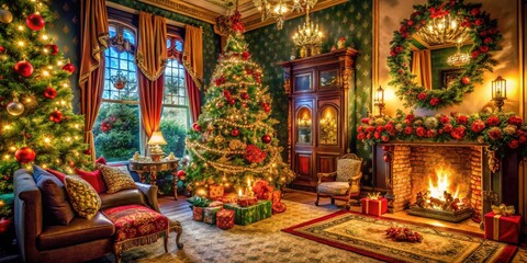 Victorian Christmas Scene with Ornate Decorations, Warm Lights, and Traditional Holiday Elements