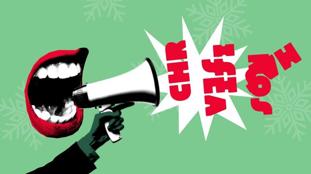 Stop motion. Animation. Red mouth with megaphone announces Christmas Season, making sure everyone ready for celebrations to begin. Concept of winter holidays, Christmas. Greeting card.