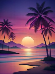 Tranquil Beach Sunset with Palm Silhouette and Mountain Reflections