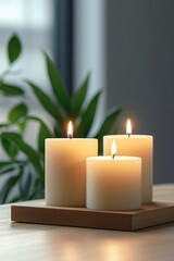 Three lit candles on a wooden tray with a green plant in the background, creating a serene atmosphere perfect for relaxation and mindfulness.