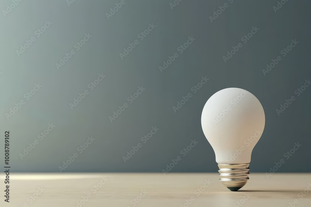 Wall mural A minimalist light bulb sits on a wooden surface against a subtle gray background, symbolizing ideas, innovation, and creativity.