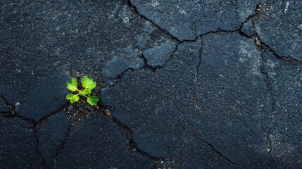 Obraz premium A small green sprout emerges from the cracked asphalt, highlighting nature's determination to thrive even in harsh urban settings. The sunlight illuminates its vibrant leaves