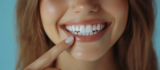 Fototapeta premium Close-up of a woman smiling and pointing to her bright white teeth indoors