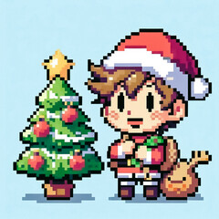 child in santa hat illustration pixel art style