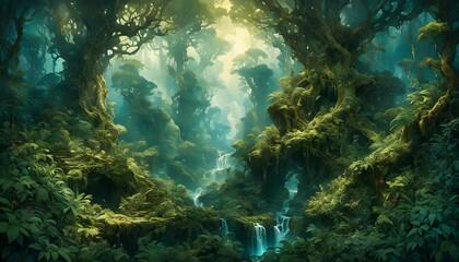 Obraz premium lush, mystical forest with towering trees covered in moss, vines, and greenery. Small waterfalls flow through the dense foliage, generative AI