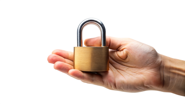 Isolated chrome padlock held by a hand on a white background