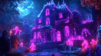 Naklejka premium A glow-in-the-dark haunted house with glowing ghost figures, neon spider webs, and eerie glowing skeletons.