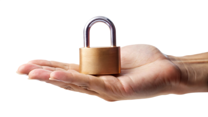 Isolated chrome padlock held by a hand on a white background