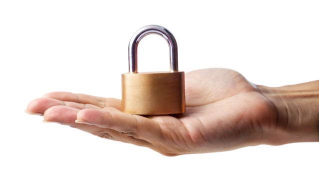 Isolated chrome padlock held by a hand on a white background