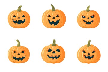 Set of Halloween pumpkins with cut out faces. Scary, fun, smiles for pumpkins. Vector illustration

