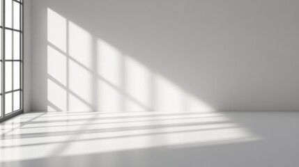 Obraz premium Bright, minimalist interior featuring clean lines and soft shadows cast by sunlight through a large window, perfect for modern design concepts.