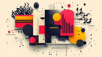 Obraz premium Abstract geometric shapes in red, yellow, and black on a white background.