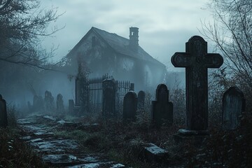 Hunted house on spooky graveyard

